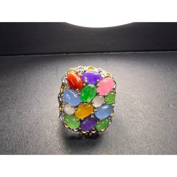NEW rainbow harmony jade ring in vermeil and rhodium over sterling silver size 5 - Picture 2 of 16